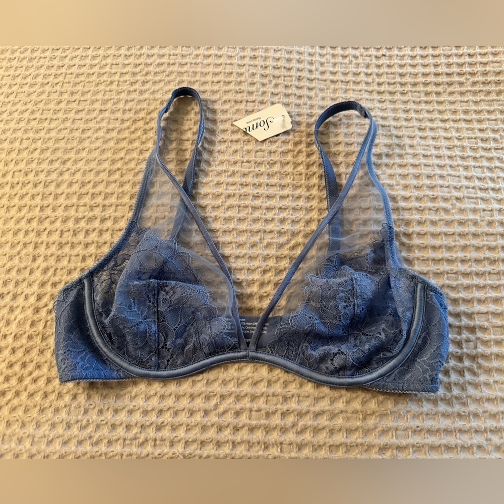 NEW Soma Breathtaking Unlined Plunge Bra Lace Satin Blue 32D NWT - Picture 3 of 6